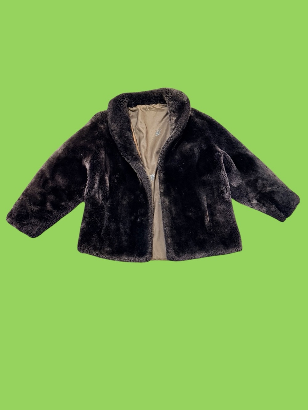 Vintage 1950s 60s Genuine Mouton Sheared Lamb Fur Jacket Chocolate Brown Satin S